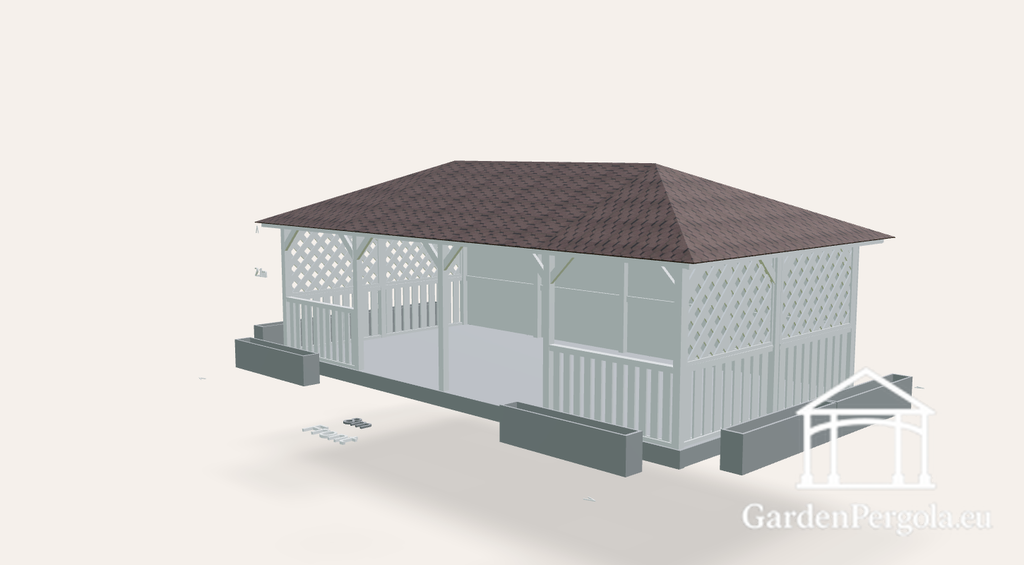 Gazebo 4x8m with brown shingle four slope roof