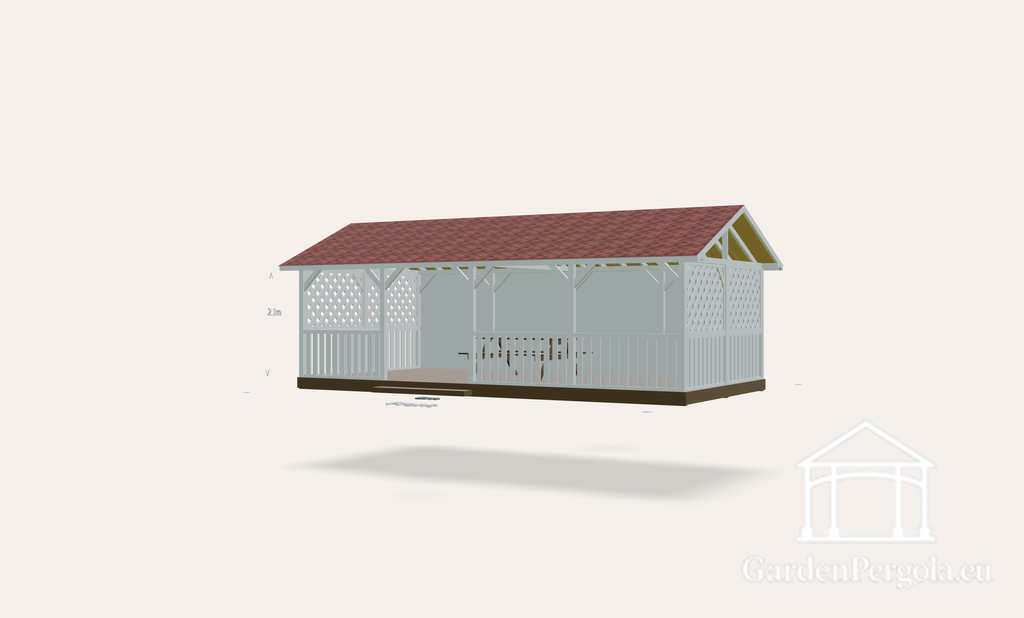 Gazebo 4x8m with red shingle dual slope roof