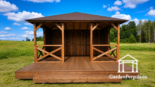 Деревянная садовая беседка 4x4.5 м с открытой террасой 2x4.5 м - garden gazebo pergola