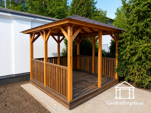 3x4 m Wooden Gazebo — Cozy Garden Gazebo with Floor and Open Back Wall