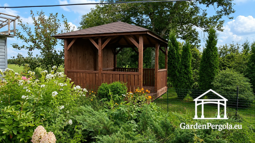 3x4 m Wooden Gazebo — Cozy Garden Gazebo with Floor and Closed Back Wall