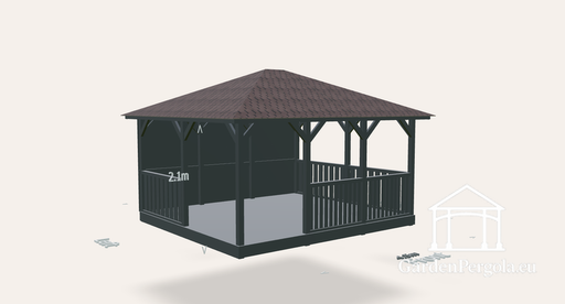 Gazebo 4x4.5m with brown shingle four slope roof